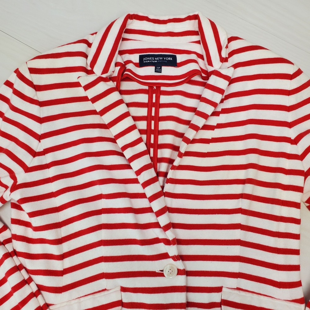 Jones New York Signature Petite Red White Striped Cotton Blazer 10P French Girl